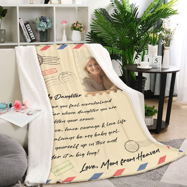 Memorial Blanket - To Daughter from Mom in Heaven Personalized Blanket| Custom Photo Remembrance Fleece Throw, Deepest Sympathy Gift, Memorial Blankets and Throws for Mother| N2360