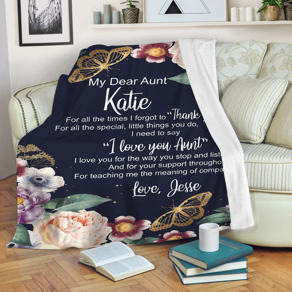 Personalized My Dear Aunt Blanket| Aunt Blue Blanket with Flower Butterfly| Custom Gift for Aunt from Nephew Niece| Sentimental Gift for Auntie on Christmas Birthday Mother's Day| JB213
