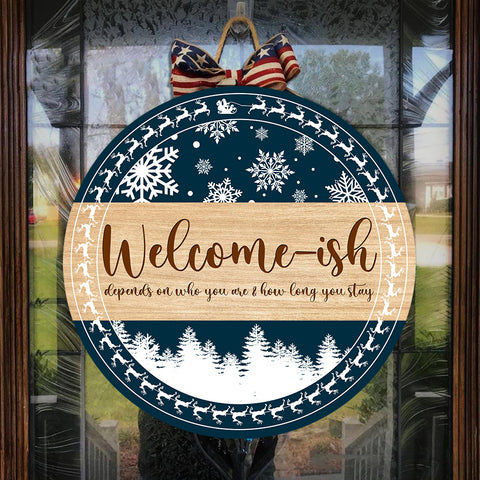 Christmas Round Door Hanger| Welcome-ish Wooden Door Hanger| Snowflake Welcome Door Hanger Xmas Gift Christmas Sign Christmas Decoration for Front Door, Wall, Home| JDH26