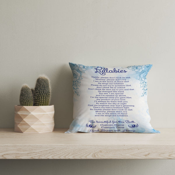 Baby Memorial Pillow| Too Beautiful For Earth Custom Miscarriage Memorial Sympathy Gift for Loss of Baby| JPL48