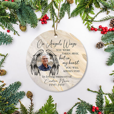 Memorial ornament, on angel wings, remembrance ornament for loss of dad, mom, brother, daughter| ONT26