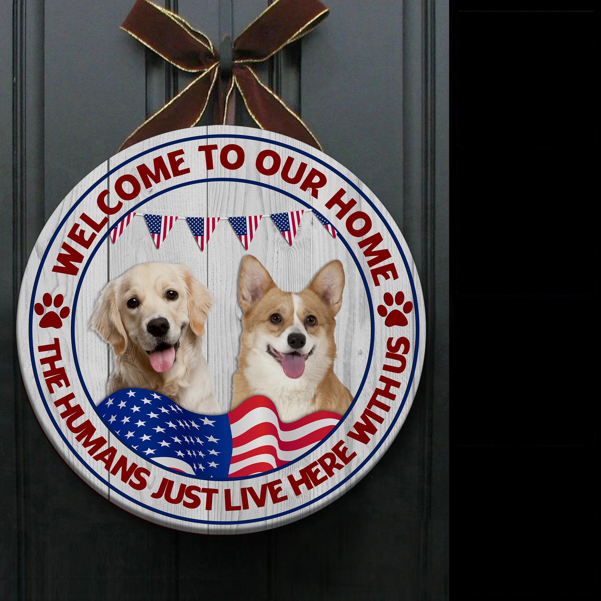 Personalized Dog Door Hanger| Welcome To Our Home - 4th of July Wooden Welcome Sign for Dog Lover, Pet Owner, Dog Mom, Dog Dad| Dog Theme Decoration for Wall, Mantel, Home| JDH54