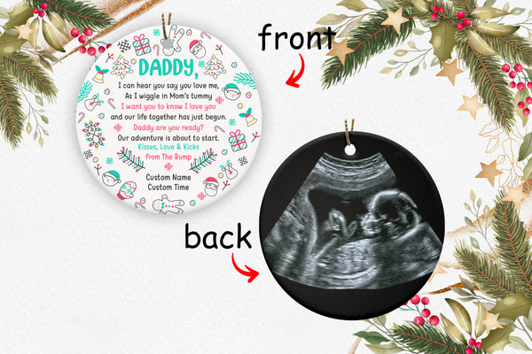 New Dad Ornament - Custom Sonogram of Baby Bump Ornament 2 Sided Circle Ornament Christmas Present for Daddy To Be Expecting Father Pregnancy Reveal New Baby Christmas Ornament - JOR51