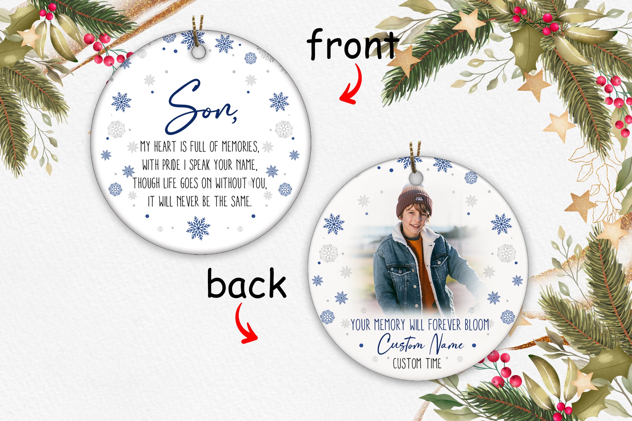 Son Remembrance Ornament - Personalized Circle Ornament 2 Sided Christmas Memorial Ornament Sympathy Gift for Dad Mom Passing Son Son Remembrance Gift Son Sympathy Gift - JOR88