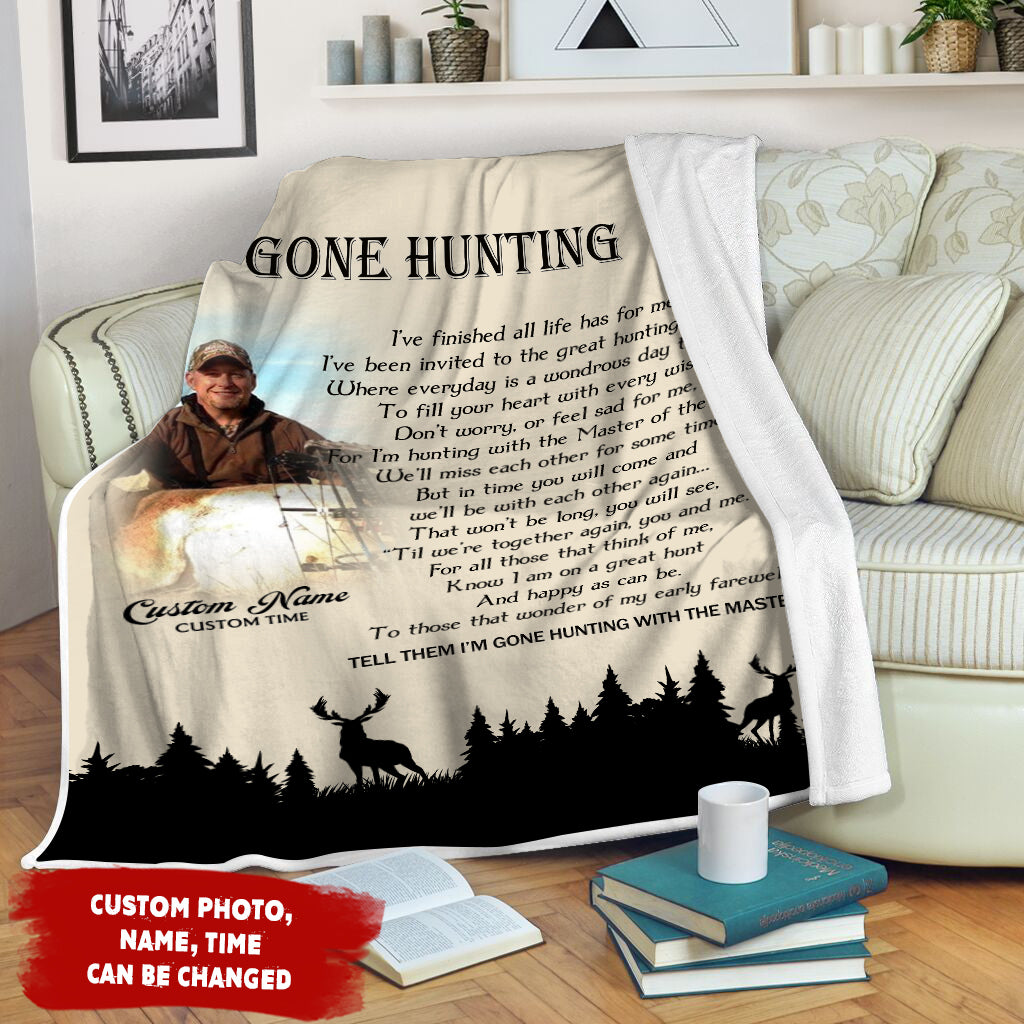 Hunting Theme Memorial Blanket - Gone Hunting Blanket Personalized Memorial Throw Remembrance Fleece Blanket Tribute Gift for Deceased Hunting Lover Sympathy Gift for Loved One - JB292