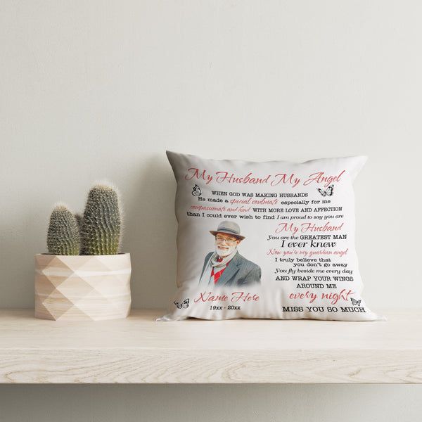 Angel Husband Memorial Pillow Personalized Remembrance for Loss of Husband Sympathy Gift 1-sided Print| NPL75