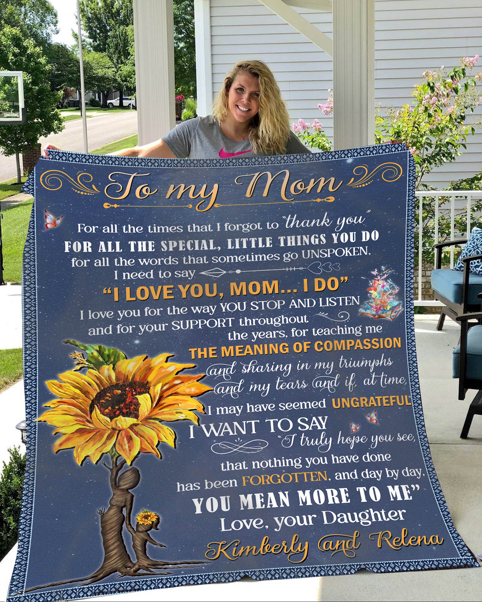 To My Mom Blanket - Custom Name Sunflower Blanket| Blue Blanket for Mom Mother Gift from Daughter Son| Thoughtful Gift for Mom on Christmas Mother's Day Birthday| JB67