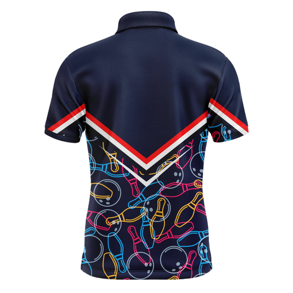 Custom Men Bowling Polo Shirt Navy Blue Bowling Pins and Ball Pattern Short Sleeve Men Bowlers NBP05