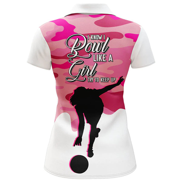 Bowling Girl Personalized Polo Shirt Women Bowling Pink Camo Jersey Short Sleeves Bowlers NBP42