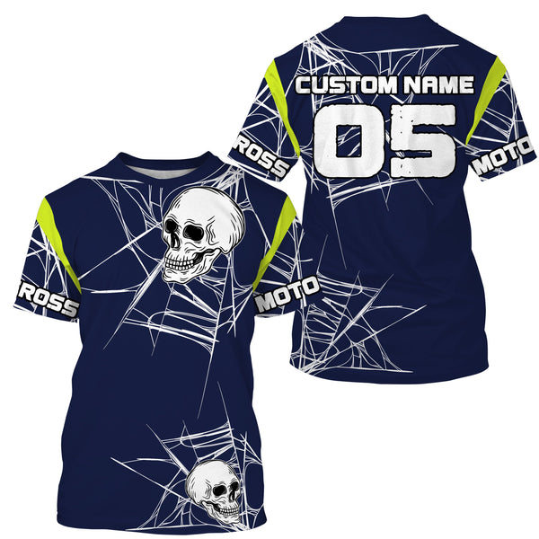 Personalized Motocross racing jersey UPF30+ skull extreme men women kids blue dirt bike outfit PDT196