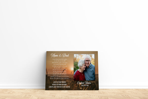 Parents Remembrance Canvas| Mom & Dad Always In My Heart Canvas with Picture Sunset Canvas| Personalized Memorial Gift for Loss of Parents, Mom & Dad in Heaven| Sympathy Gift JC681