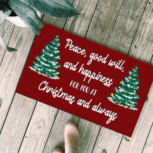Christmas Doormat| Peace Good Will Happiness at Christmas Door Mat| Christmas Sign Christmas Decoration for Front Door, Home| Christmas Wish Message To Friend Xmas Gift Winter Door Mat| JD29