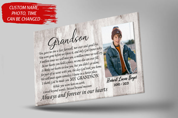Grandson Memorial Canvas - Personalized Memorial Gift for Loss of Grandson Sympathy Gift In Memory of Grandson Remembrance Canvas Bereavement Condolence Keepsake Gift for Grandson - JC752
