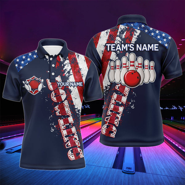 Patriotic Men's Bowling Polo Shirt, Custom Name Bowlers Jersey Short Sleeve American Flag NBP95