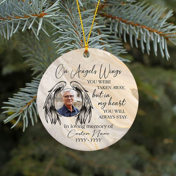 Memorial ornament, on angel wings, remembrance ornament for loss of dad, mom, brother, daughter| ONT26