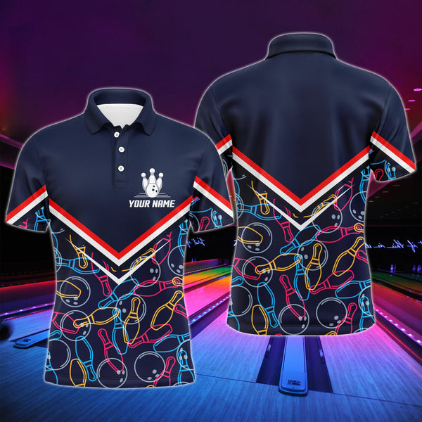 Custom Men Bowling Polo Shirt Navy Blue Bowling Pins and Ball Pattern Short Sleeve Men Bowlers NBP05