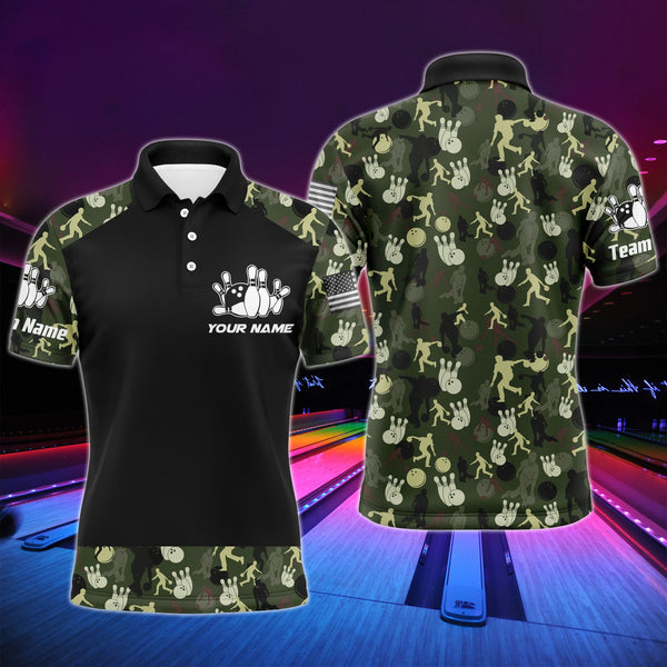 Personalized Men Bowling Polo Shirt Camo Balls and Pins Team Short Sleeves Men Bowlers Jersey NBP12