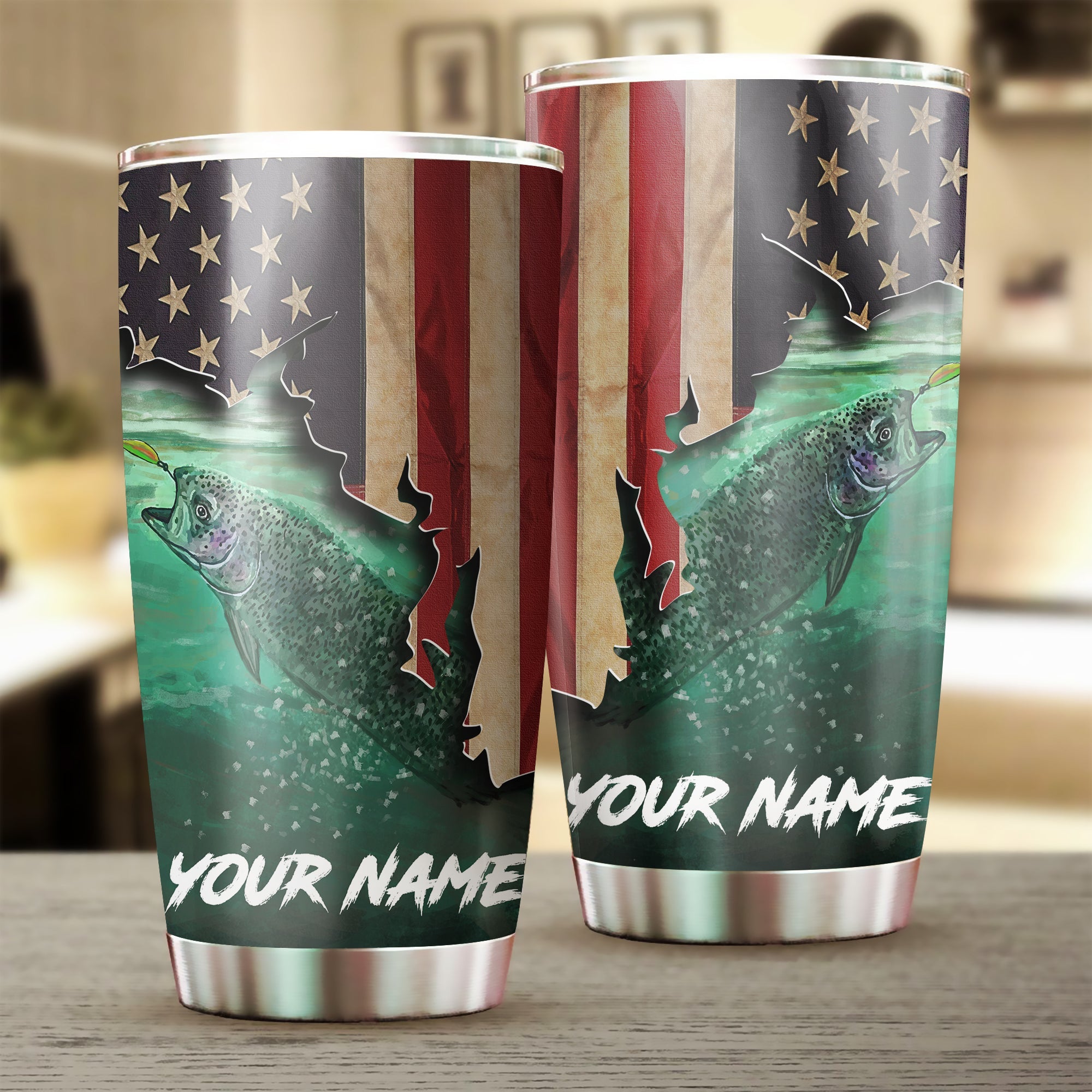 1pc Rainbow trout fishing American flag ChipteeAmz's art Custom Stainless Steel Tumbler Cup AT062