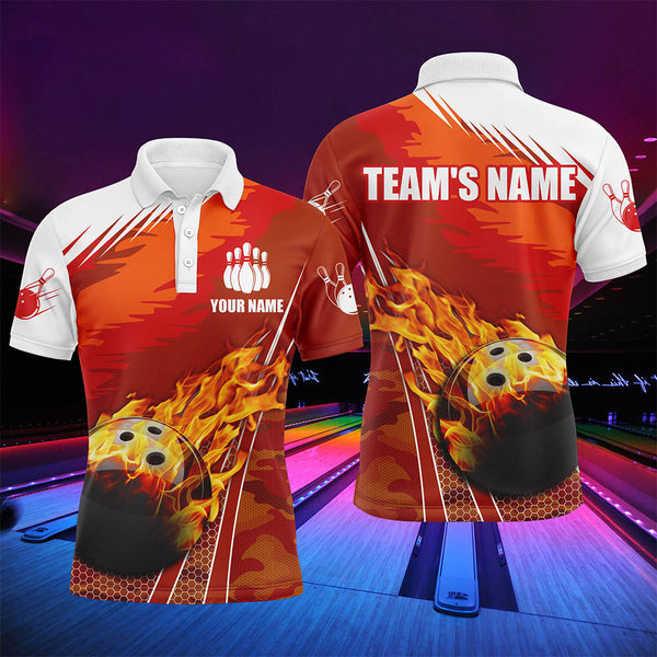 Flame Bowling Men's Polo Shirt, Custom Name Team Bowlers Jersey Short Sleeve NBP96