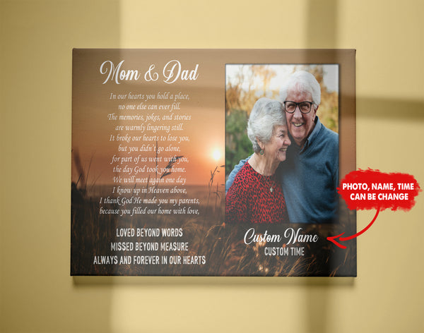 Parents Remembrance Canvas| Mom & Dad Always In My Heart Canvas with Picture Sunset Canvas| Personalized Memorial Gift for Loss of Parents, Mom & Dad in Heaven| Sympathy Gift JC681