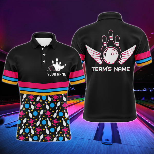 Personalized Men Bowling Polo Shirt Colorful Balls and Pins Champion Short Sleeves Men Bowlers NBP11