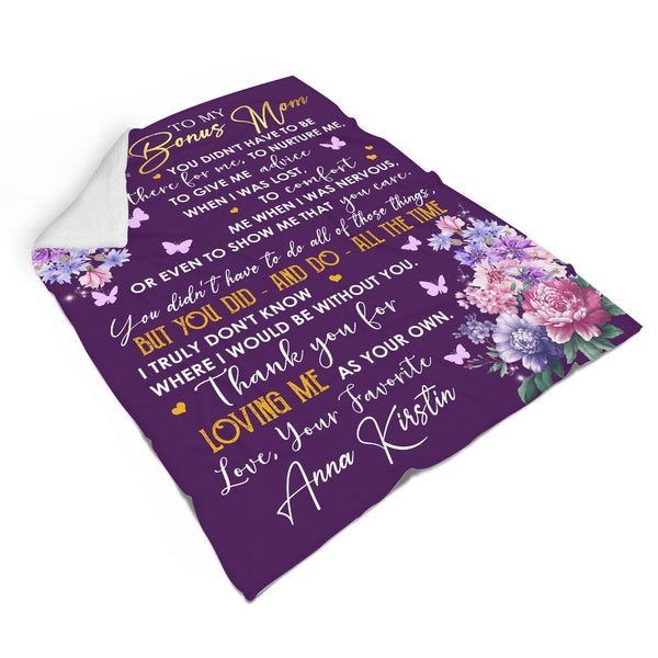 To My Bonus Mom Blanket| Custom Purple Floral Blanket Gift for Adopted Mom Step Mom Stepmother| JB347