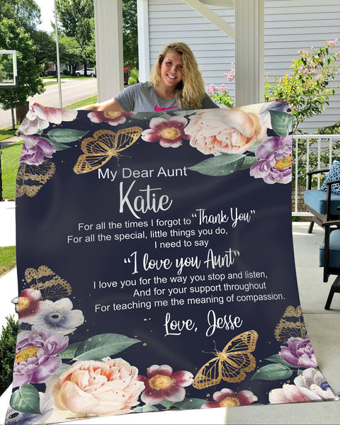 Personalized My Dear Aunt Blanket| Aunt Blue Blanket with Flower Butterfly| Custom Gift for Aunt from Nephew Niece| Sentimental Gift for Auntie on Christmas Birthday Mother's Day| JB213