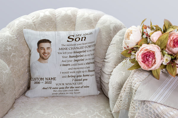 Son Memorial Personalized Pillow, First My Son Now My Angel Sympathy Gift 1-sided Print Pillow NPL196