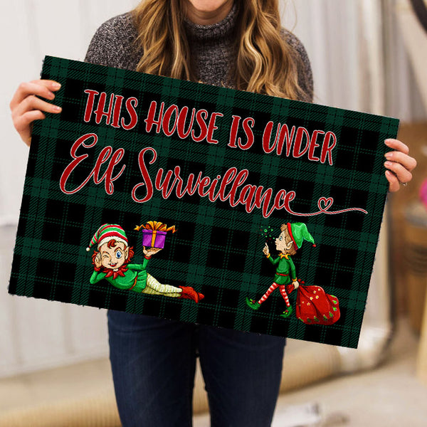 Funny Christmas Doormat - This House Is Under Elf Surveillance Doormat| Elf Doormat Christmas Welcome Mat Christmas Sign Christmas Decoration Winter Sign Holiday Doormat| JD32