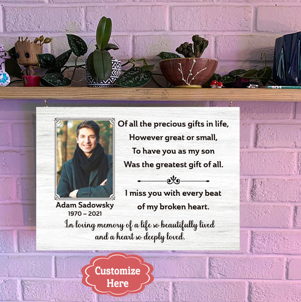 Remembrance Canvas| My Son The Greatest Gift Of All Memorial Canvas with Picture| Personalized Memorial Gift Sympathy Gift for Loss of Son| In Loving Memory of Son in Heaven JC679