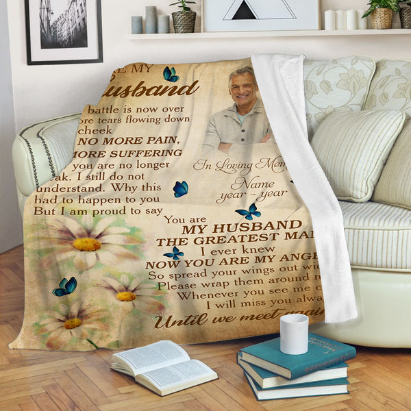 Husband Memorial Blanket - Your Battle Is Now Over| Personalized Husband Remembrance Memorial Throw, Deepest Sympathy Gift for Loss of Husband| N1476