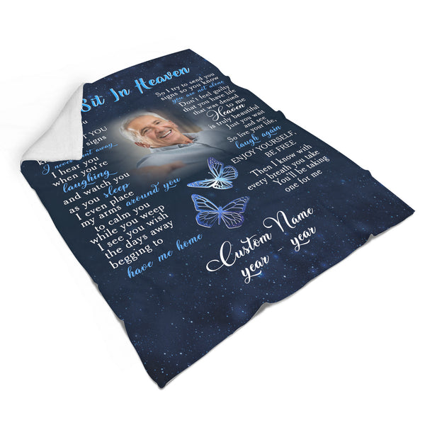 Personalized Memorial Blanket| As I Sit in Heaven| Butterfly Remembrance Blanket, Sympathy Memorial Gift for Loss of Father, Mother, Husband in Heaven, In Loving Memory| N2386