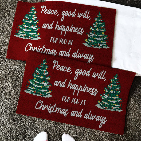 Christmas Doormat| Peace Good Will Happiness at Christmas Door Mat| Christmas Sign Christmas Decoration for Front Door, Home| Christmas Wish Message To Friend Xmas Gift Winter Door Mat| JD29