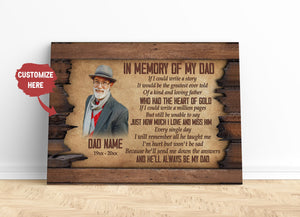 Dad in Memory Personalized Canvas, Dad Remembrance on Father's Day, Sympathy Loss of Father in Heaven| N2590