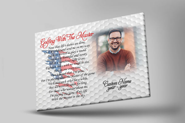 Personalized Golf Memorial Canvas - Golfing with The Master Remembering a Golfer American Flag Sympathy Gift| N2623