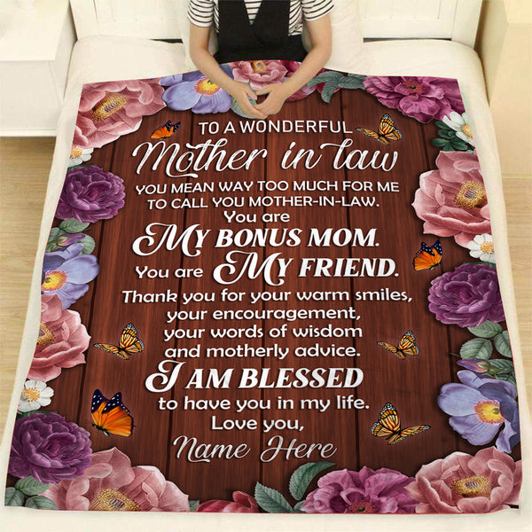 To A Wonderful Mother In Law Blanket - Custom Blanket| Floral Blank Gift for Mother In Law from Bride Groom| Mother In Law Gift on Christmas Mother's Day Wedding Shower Day| JB62