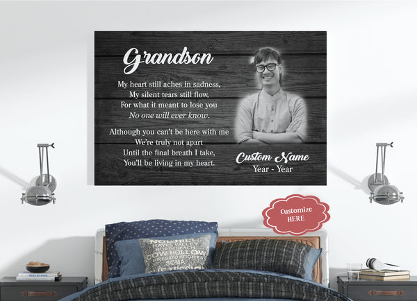 Grandson Remembrance Personalized Canvas - Living in My Heart| Grandson Memorial Gift, Sympathy Gift for Loss of Grandson, Bereavement Keepsake, Condolence Gift| N2350