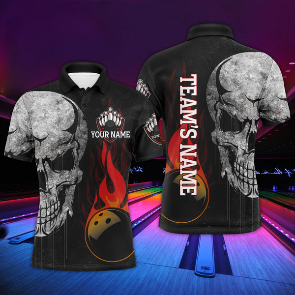 Men's Skull Flame Bowling Polo Shirt, Custom Name Team Bowlers Jersey NBP98