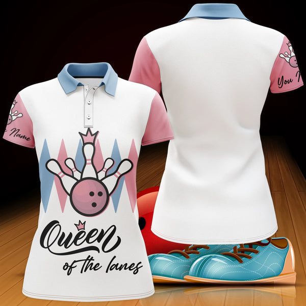 Personalized Women Bowling Polo Shirt, Queen of The Lanes, Short Sleeve Female Bowlers Jersey NBP30