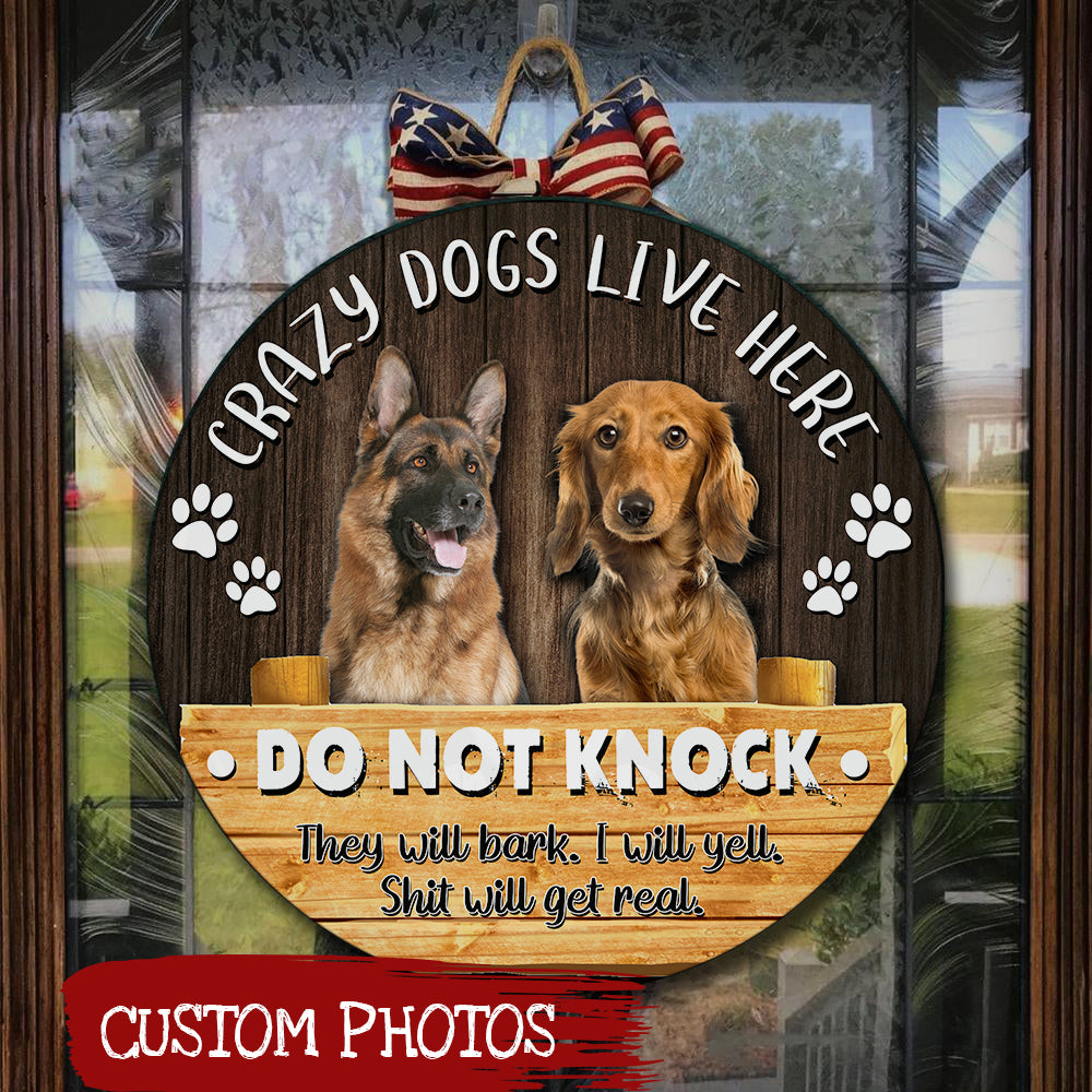 Personalized Dog Door Hanger| Crazy Dogs Live Here Door Round Wood Sign Funny Dog Sign Welcome Sign Dog Lover Decoration for Front Door, Home| Dog Mom Gift Dog Lover Gift| JDH49