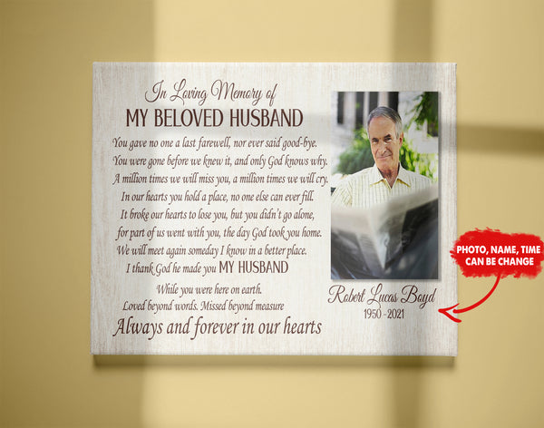 Memorial Canvas| In Loving Memory of My Beloved Husband Wall Art with Picture| Personalized Memorial Gift for Loss of Husband| Sympathy Gift for Husband in Heaven| JC677