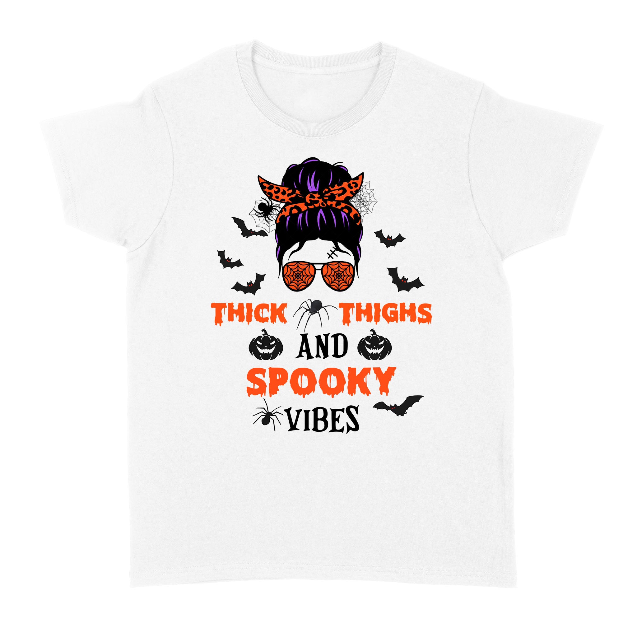 Women Messy Bun Halloween Shirt - Thick Thighs And Spooky Vibes Gift for Girl Woman Halloween holiday Myfihu TN171