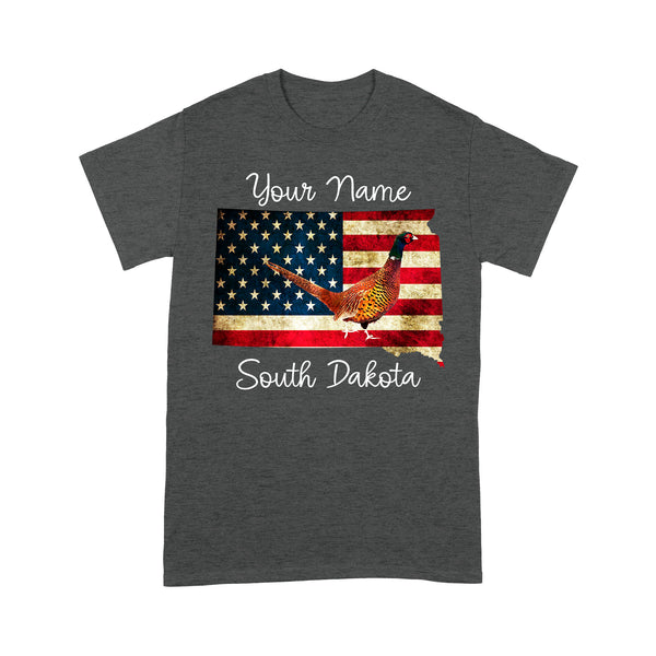 Pheasant hunting shirt South Dakota American Flag bird hunter custom name T-shirt - FSD1162