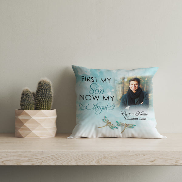 Son Memorial Personalized Pillow, First My Son Now My Angel Sympathy Gift Loss of Son 1-side Print NPL175