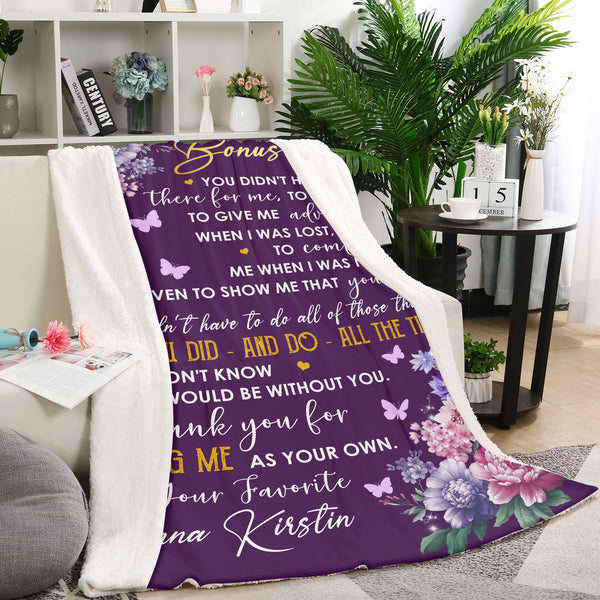 To My Bonus Mom Blanket| Custom Purple Floral Blanket Gift for Adopted Mom Step Mom Stepmother| JB347