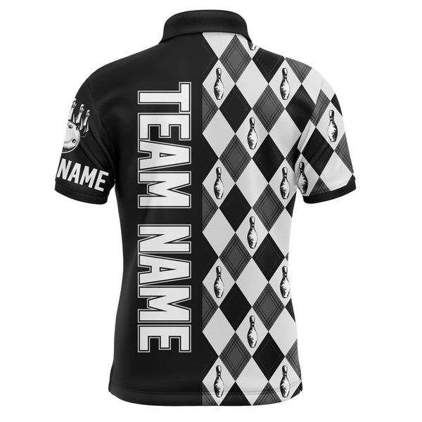 Personalized Bowling Men Polo Shirt Black & White Argyle Bowlers Custom Team Short Sleeves Jersey NBP17