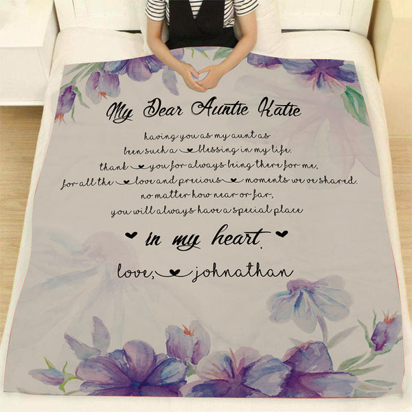 Personalized Blanket for Aunt| Purple Floral Auntie Blanket| Aunt Fleece Blanket| Custom Blanket for Aunt from Nephew Niece| Gift for Aunt on Christmas Birthday Mother's Day| JB216