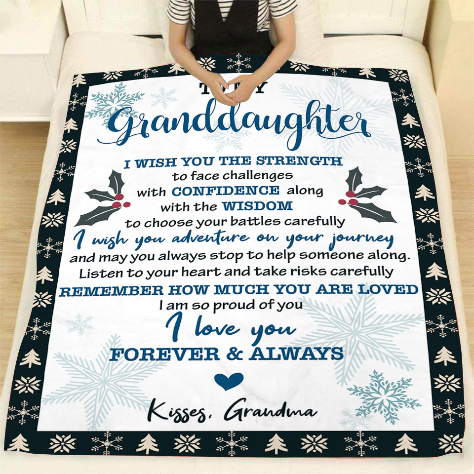 Personalized Blanket To My Granddaughter| Kisses from Grandma Fleece Blanket| Custom Name Blanket Sentimental Gift for Granddaughter on Birthday, Christmas, Graduation| JB199