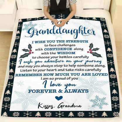 Personalized Blanket To My Granddaughter| Kisses from Grandma Fleece Blanket| Custom Name Blanket Sentimental Gift for Granddaughter on Birthday, Christmas, Graduation| JB199