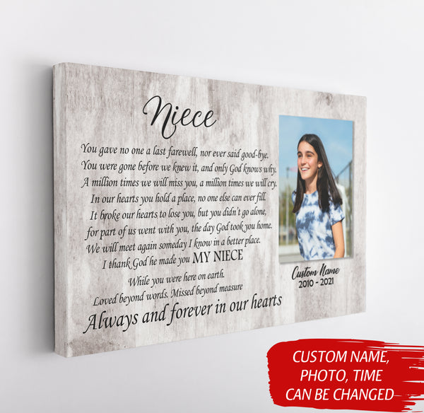 Niece Memorial Canvas - Personalized Memorial Gift Sympathy Gift for Loss of Niece In Loving Memory of Niece Remembrance Canvas Bereavement Condolence Keepsake Gift for Niece - JC753